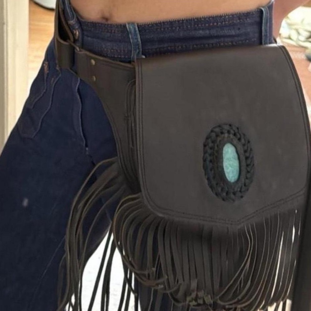 Brown handmade fringe festival belt bag with turquoise stone detail - Picture 2 of 6